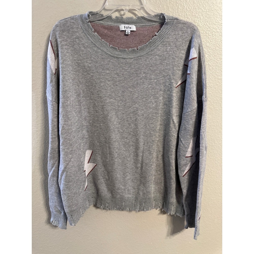 Fate Women Gray Lightning Bolt‎ Distressed Crewneck Sweater Size L